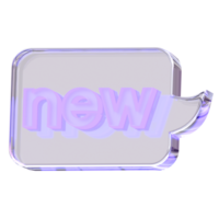 3d Rendering Purple New Button Text Bubble with glossy, reflective surface. Dispersed glass. Neon sign text. Holographic object in Y2K style. Decorative element for social media png