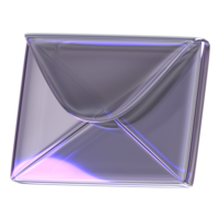 3d Rendering Purple Envelope Element with glossy, reflective surface. Dispersed glass. Holographic Mail object in Y2K style. Decorative element for social media png