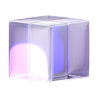 3d Rendering Purple Cube Element with glossy, reflective surface. Dispersed glass. Holographic object in Y2K style. Decorative element for social media. 3d icon png