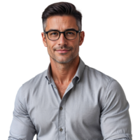 Handsome, smiling businessman wearing glasses, isolated on transparent background, cut out png