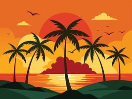 Tropical sunset scenery with palm trees on a serene island setting during golden hour vector