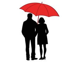 Silhouette of a couple walking together under a red umbrella on a clear white background vector