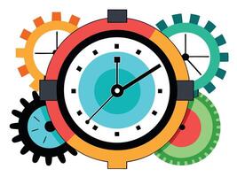 Colorful illustration of clocks and gears representing time management processes and efficiency vector