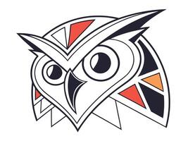 Stylized owl illustration with geometric details in black white and red colors on a plain white background. vector