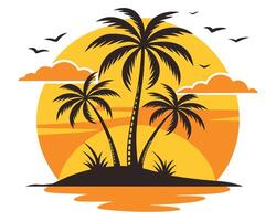 Sunset scene with palm trees silhouette on an island with birds and orange and yellow gradients vector