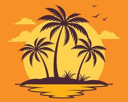 Sunset on a tropical island silhouette featuring palm trees clouds and birds flying overhead vector