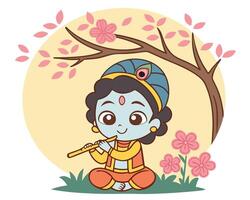 Adorable illustration of lord krishna playing the flute under a cherry blossom tree with gentle colors vector
