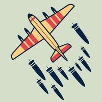 Vintage airplane dropping bombs in retro cartoon style illustration with flat design vector