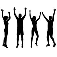 Silhouette figures in dynamic poses celebrating success and achievement against a clean white background vector