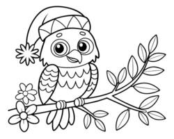 Adorable black and white illustration of a happy owl wearing a santa hat perched on a tree branch. vector
