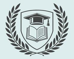 Elegant emblem symbolizing education with graduation cap and open book surrounded by laurel wreath. vector