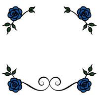 Blue roses floral frame design with swirls and leaves isolated on white vector