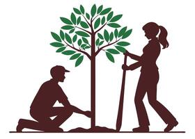 Tree planting silhouette illustrating environmental conservation and community involvement in reforestation efforts vector
