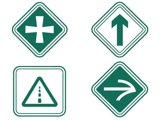 Set of four illustrated green and white road signs for various purposes