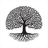 a black and white tree with roots and leaves vector