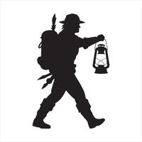 A Adventurer Walking with Lantern black silhouette vector