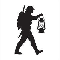 a silhouette of a man with a lantern and hat vector