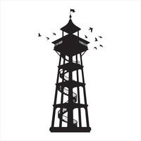 a black and white illustration of a lighthouse with birds flying around it vector