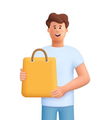 Young smiling man James holding shopping bag. Safe delivery of goods concept. 3d people character. Cartoon minimal style.