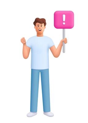 Young smiling man James holding placard or banner. Demonstration, protest, political announcement, struggle for rights concept. 3d people character. Cartoon minimal style.
