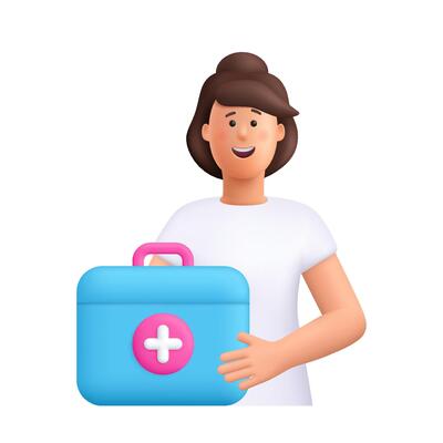 Young smiling woman Jane holding first aid kit or ambulance emergency box. Healthcare, medicine concept. 3d people character. Cartoon minimal style.