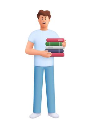 Young smiling man James holding book stack. Teacher, student or office worker. Education and knowledge concept. 3d people character. Cartoon minimal style.