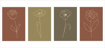One line drawing flowers. Elegant one line rose and poppies set in modern minimal style. Hand drawn beautiful flowers in one line art style vector