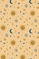 Seamless mystical pattern with sun, moon, eyes and butterflies on a yellow background. Crystals seamless pattern with mystical symbols, spiritual energy, and esoteric vibes. Recolorable vector