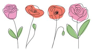 One line drawing flowers. Elegant one line rose and poppies set in modern minimal style. Hand drawn flowers in one line art style vector