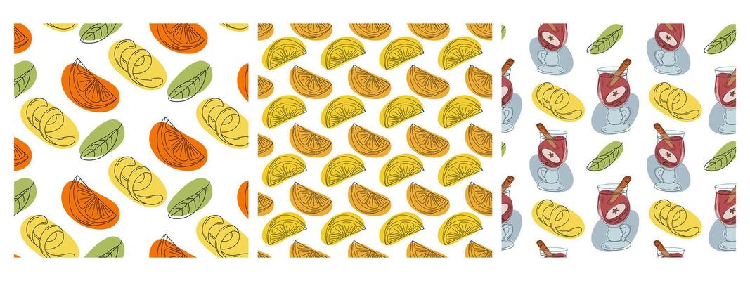 Citrus fruits slices, cinnamon stick, zest and drink in glass mulled wine cap Seamless pattern Set. Isolated illustration Wallpaper Wrapping or web promo banner, leaflet Thematic cards, label