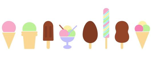 Ice Cream Treats different types Minimalistic colorful icons Summer Content design elements Bundle. Isolated illustration Greeting Thematic card, promo leaflet, banner, price tag, label, poster vector