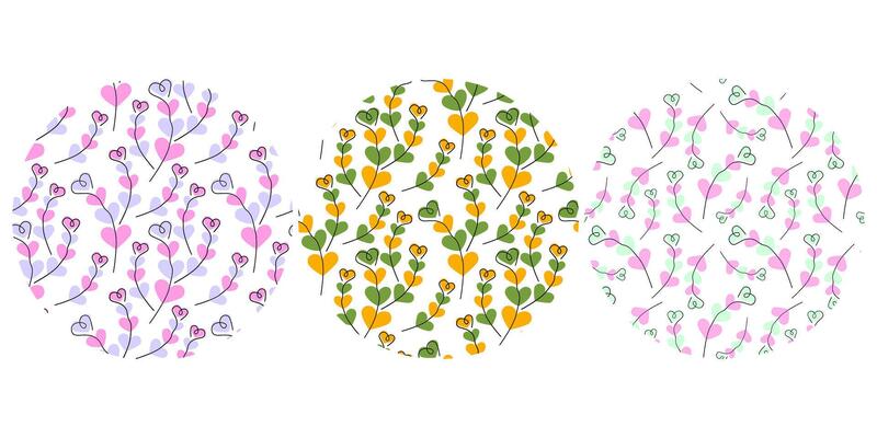 Multicolored Hand drawn heart shape twigs Seamless Patterns on Circle Backdrops in trendy shades Set. Isolated illustration Greeting cards Festive Thematic cards, banners, leaflets or price tag