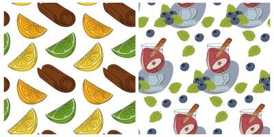 Colorful Citrus Slices and Mulled wine in glass mug with Blueberry Cinnamon stick Seamless Patterns. Set Isolated illustration Autumn Greeting Background Wrapping paper or promo banner, leaflet vector