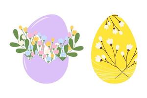 Easter egg and Cracked Eggshell with blossom twigs bouquet and decor Easter design element idea Set. Isolated illustration Easter or Springtime greeting Thematic or poster, banner, leaflet, tag vector