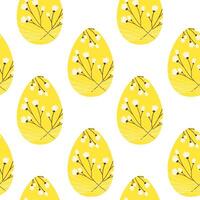 Yellow Easter Eggs colored Blossom twigs and string decorated Seamless Pattern. Easter Backdrop idea. Isolated illustration Isolated illustration Greeting Thematic Cards Wrapping concept vector