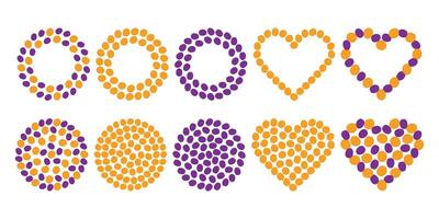 Plums Apricots and fruit mix Shaped Circle and Heart shape Frame border and filled Backdrop Big Set. Isolated illustration Thematic cards, poster or web promo banner, leaflets, price tag, label vector