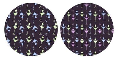 Vibrant Triangular Cocktail glasses Patterns Neon hues Colorful Design on Circle dark Background Set. Isolated illustration Thematic cards, invites, posters, labels or web promo banner, leaflet vector