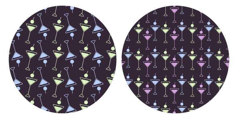 Vibrant Triangular Cocktail glasses Patterns Neon hues Colorful Design on Circle dark Background Set. Isolated illustration Thematic cards, invites, posters, labels or web promo banner, leaflet
