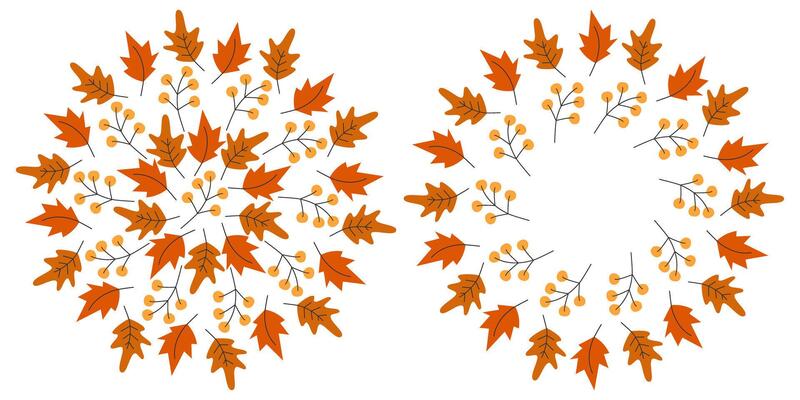 Autumn leaves and twigs circular Background and Frame Border Copy Space Template Autumn Greetings. Isolated Illustration Autumn Holidays Greeting Thematic Cards, promo posts, banners, leaflets