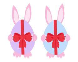Easter Bunny Ears and paws behind colorful eggs with red tied bow Easter greeting design element Set. Isolated illustration for cheerful spring holiday greetings and celebrations design, print vector