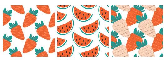 Strawberries and watermelon slices with seeds Summer Colorful Fruit Seamless Pattern design idea Set. Isolated illustration Culinary Food poster Thematic or menu cards, web promo leaflets, tag vector