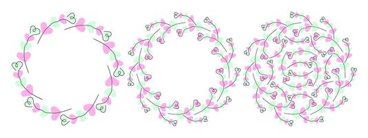Hand drawn heart shaped twigs on heart shaped spots Confetti shades Circle Frames and Background Set. Isolated illustration Greeting Thematic Cards, poster, leaflet, banner, price, label or web vector