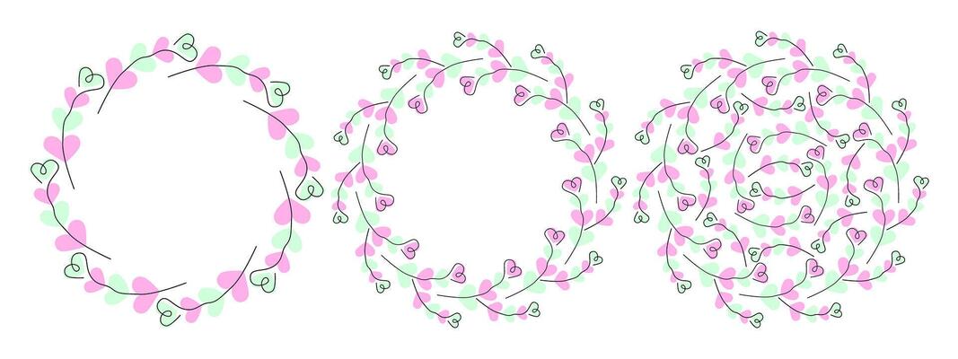 Hand drawn heart shaped twigs on heart shaped spots Confetti shades Circle Frames and Background Set. Isolated illustration Greeting Thematic Cards, poster, leaflet, banner, price, label or web