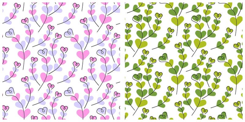 Color Heart shaped twigs Seamless Pattern Minimalistic design Trendy confetti shades and mono green. Set Isolated illustration Wrapping, wallpaper or web promo banner, thematic cards, leaflets