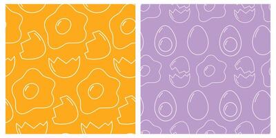 Outline Freehand Fried and Boiled Eggs Cracked Eggshell Seamless Patterns Light on colorful Backdrop. Isolated illustration Easter Greeting Thematic Cards, promo banners, labels, price, invite vector