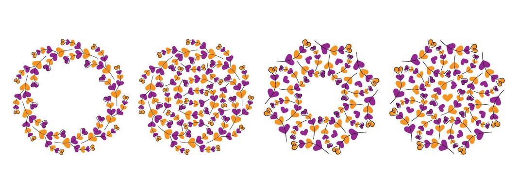 Hand drawn Heart shape twigs Circular Frames Copy space template and Backdrops in Halloweens shades. Isolated illustration Greeting Thematic Cards or promo banners, leaflets, labels, price tag