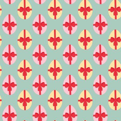 Pink and Blue colored Easter Eggs tied red ribbon bow Seamless Pattern on Trendy green Background. illustration Easter Greeting Thematic Cards Backdrop Wallpaper Wrapping, promo banner, leaflet
