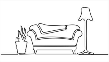 Continuous line interior with sofa, plant and floor lamp. Living room in continuous line art drawing style. Modern furniture simple linear style illustration vector