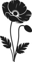 Elegant Poppy Flower Silhouette with Bud and Leaves - Botanical Illustration vector