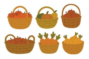 Six cartoon baskets with pumpkins, apples, carrots and onions in cozy autumn colors. vector